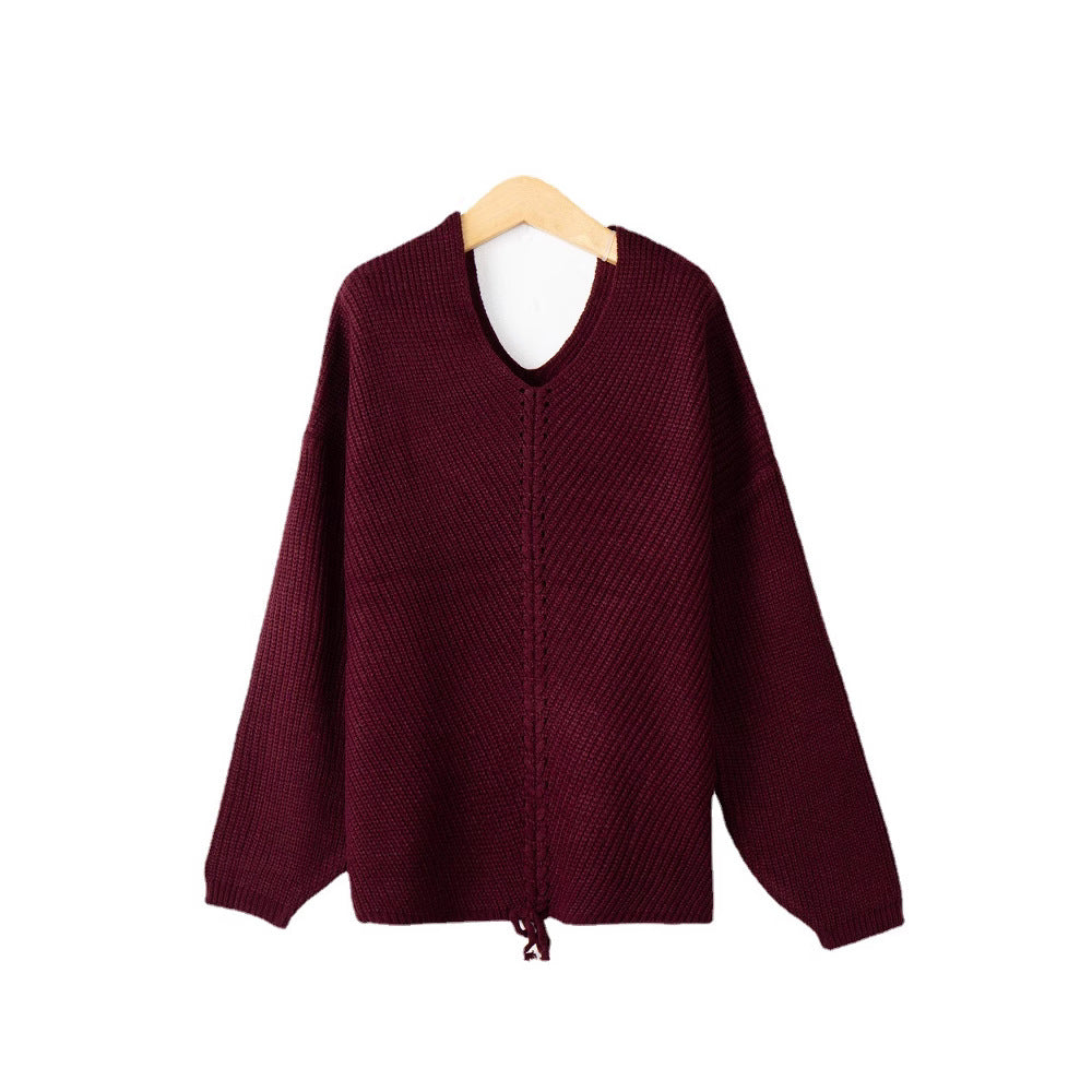 Damen Strickpullover mit Zopfmittelnaht, V‑Ausschnitt und Kordelzug Echo Archiv