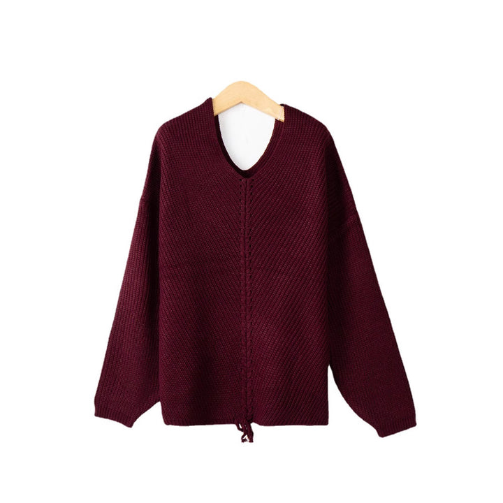 Damen Strickpullover mit Zopfmittelnaht, V‑Ausschnitt und Kordelzug Echo Archiv