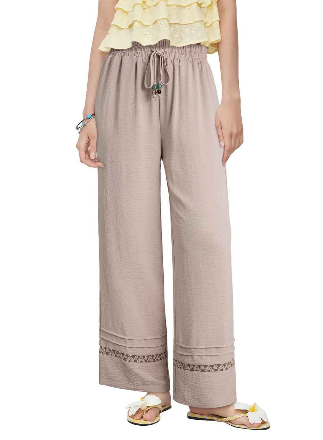 Damen Weite Leinenoptik-Hose mit hohem Gummibund, Bindekordel und Spitzeneinsatz Echo Archiv