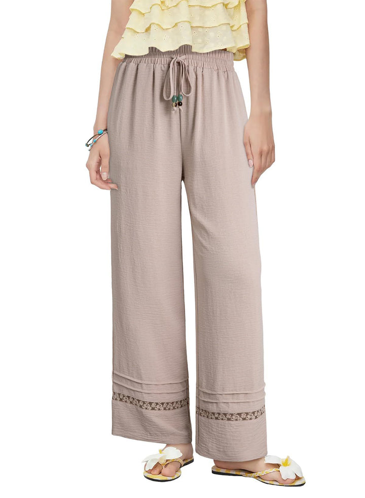 Damen Weite Leinenoptik-Hose mit hohem Gummibund, Bindekordel und Spitzeneinsatz Echo Archiv