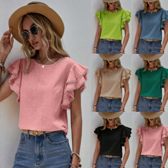 Damen Bluse mit Volantärmeln und Pompon-Spitzenbesatz Echo Archiv
