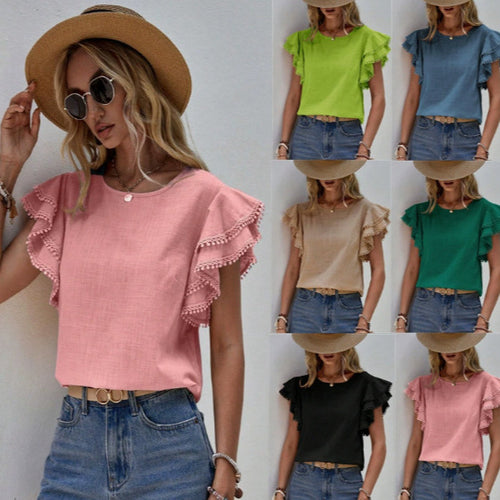 Damen Bluse mit Volantärmeln und Pompon-Spitzenbesatz Echo Archiv