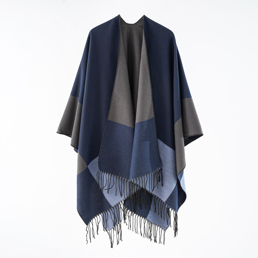 Damen eleganter Wollmix-Capeponcho mit grafischem Blockmuster und Fransen – Avérine