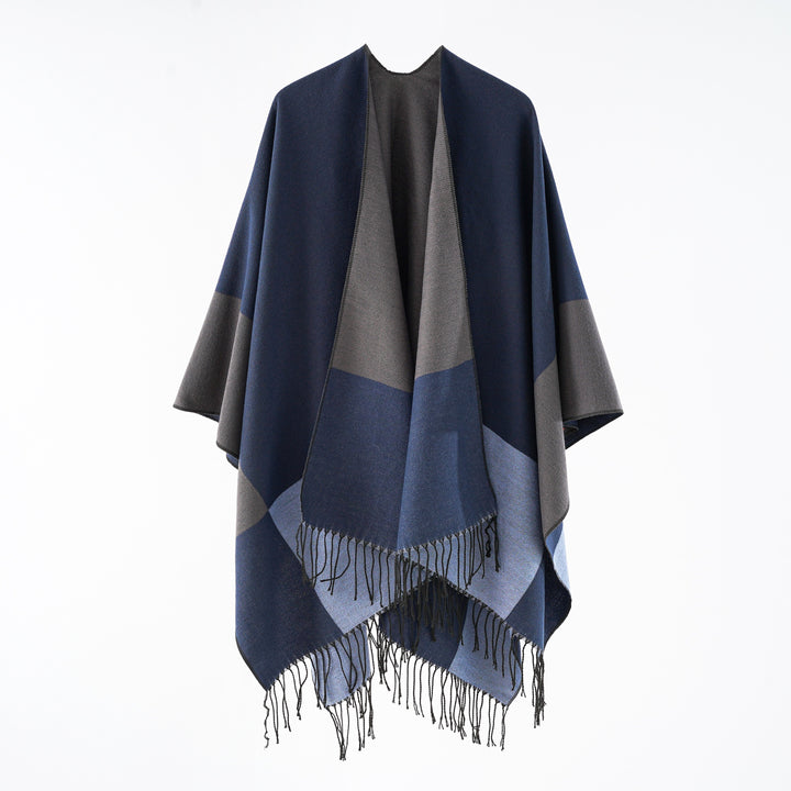 Damen eleganter Wollmix-Capeponcho mit grafischem Blockmuster und Fransen – Avérine