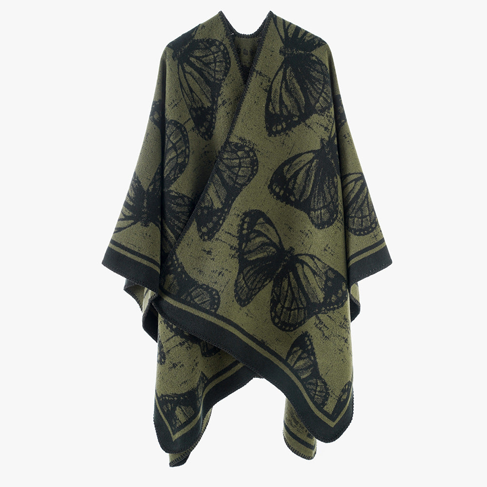 Damen Jacquardstrick‑Poncho mit Schmetterlingsmotiv und asymmetrischem Zipfelsaum – Avérine