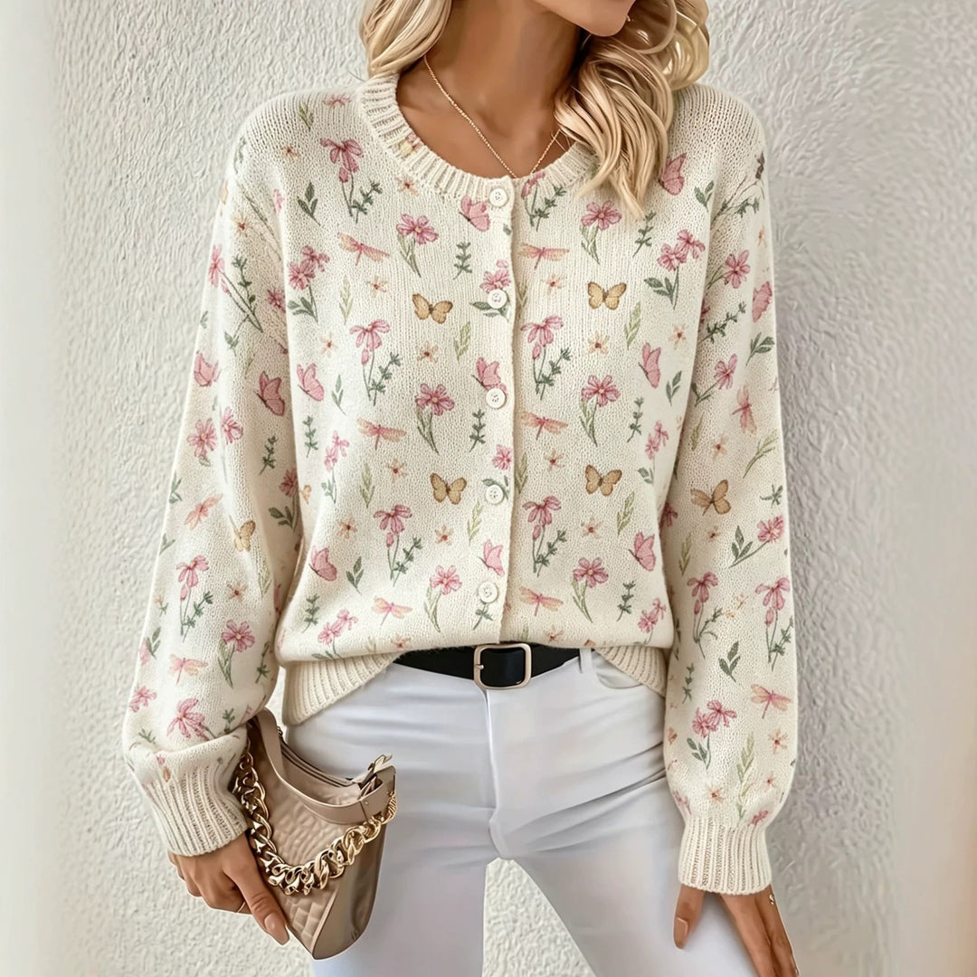 Damen Leichter Jacquard‑Strickcardigan mit Leo‑Print, Rundhalsausschnitt und Knopfleiste – Veloura