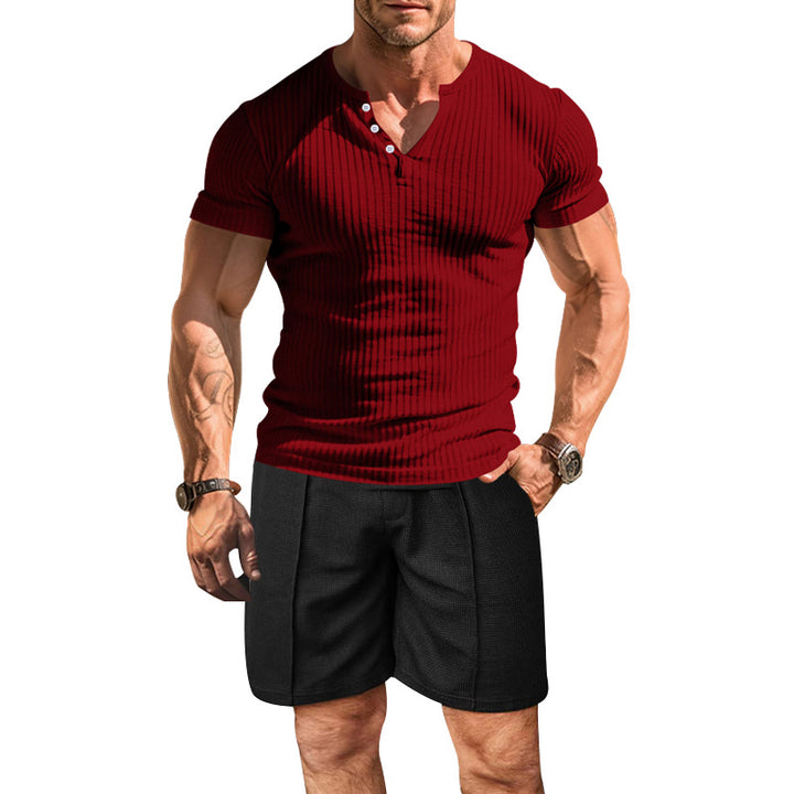 Herren strukturiertes Kurzarm-Henley-Shirt mit atmungsaktivem Design und bequemen Shorts Echoarchiv