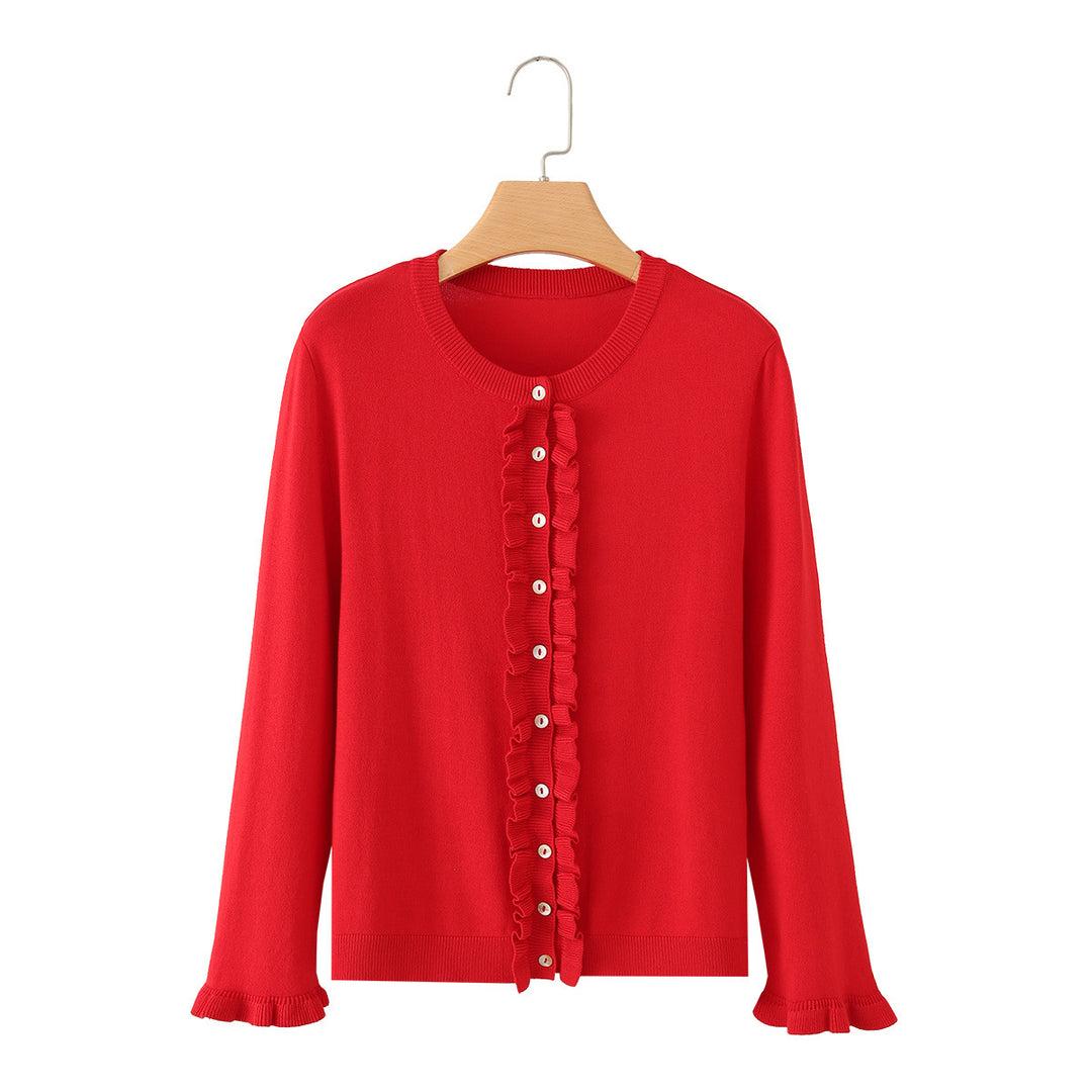 Damen Rüschensaum Strickjacke mit Knopfleiste und Volantärmeln Echo Archiv