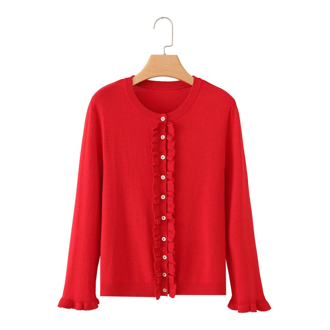 Damen Rüschensaum Strickjacke mit Knopfleiste und Volantärmeln Echo Archiv
