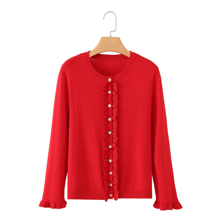 Damen Rüschensaum Strickjacke mit Knopfleiste und Volantärmeln Echo Archiv