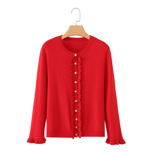 Damen Rüschensaum Strickjacke mit Knopfleiste und Volantärmeln Echo Archiv