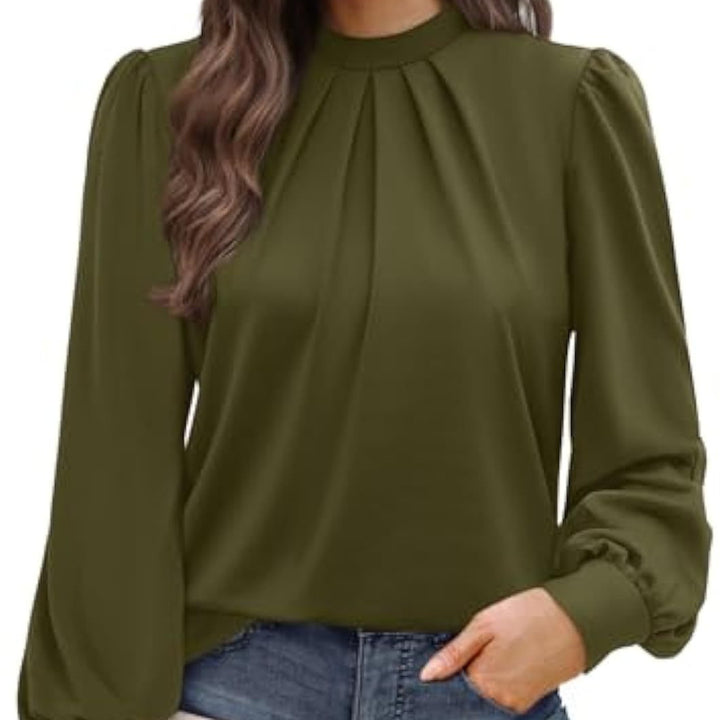 Damen Langärmelige Satinbluse mit Stehkragen, Brustfalten und gerippten Bündchen – Élovi