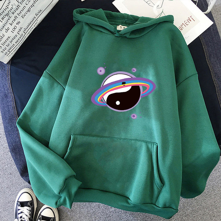 Damen Oversized Kapuzenpullover aus Baumwollmischung mit Planeten-Yin‑Yang-Grafik und Kängurutasche – Auréline