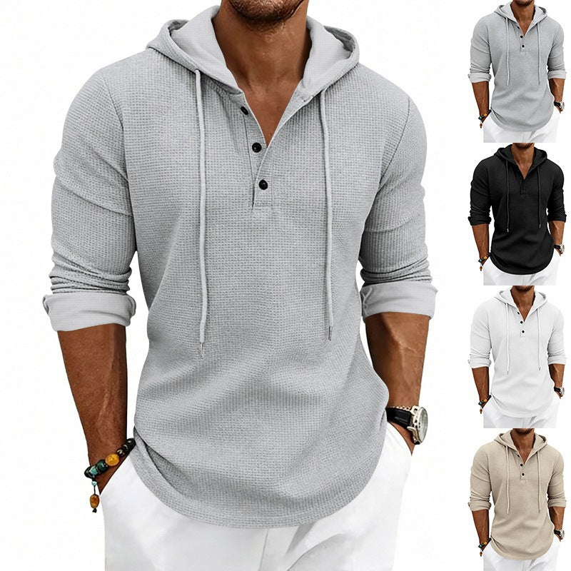 Herren Texturiertes Kapuzen-Langarmshirt mit Knopfleiste und Waffelstruktur Echoarchiv