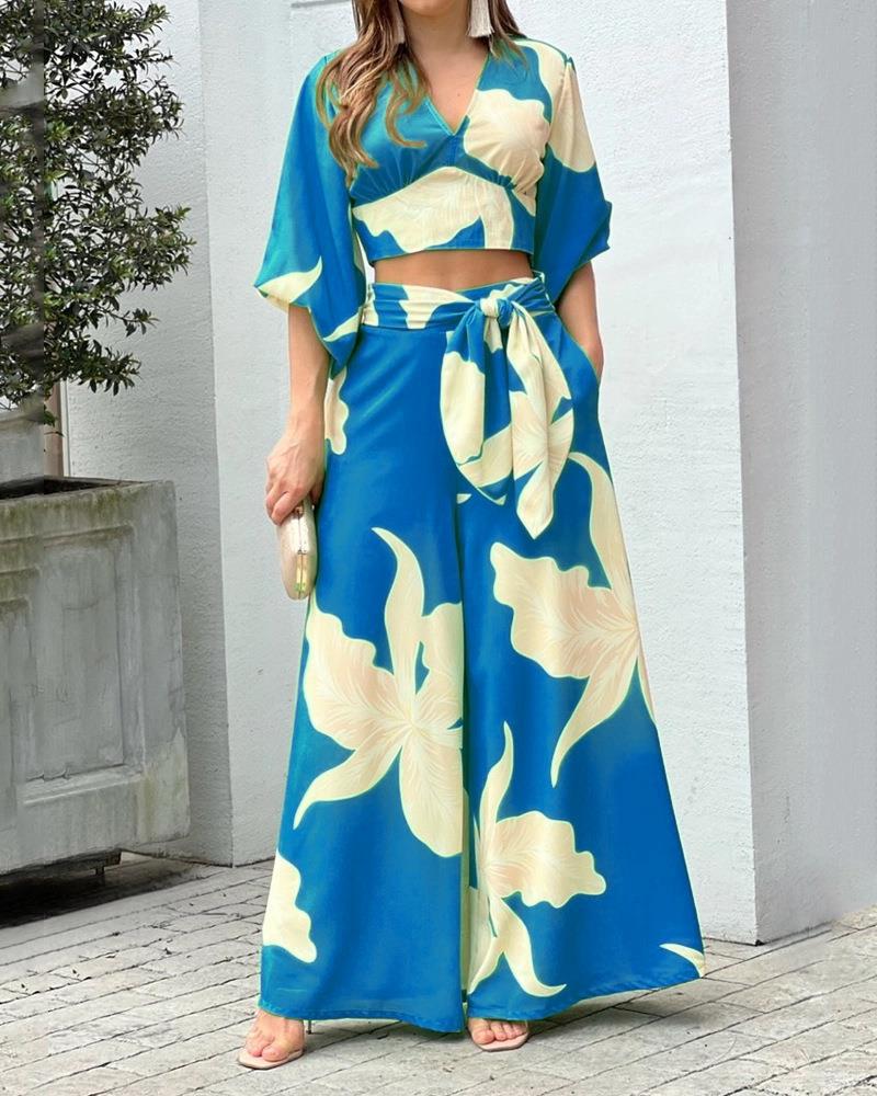 Damen Zwei-Teiler Sommer Set mit Wickel-Crop-Top und Hochtaillierten Palazzo-Hosen EB – Élanora
