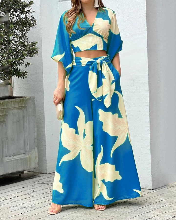 Damen Zwei-Teiler Sommer Set mit Wickel-Crop-Top und Hochtaillierten Palazzo-Hosen EB – Élanora