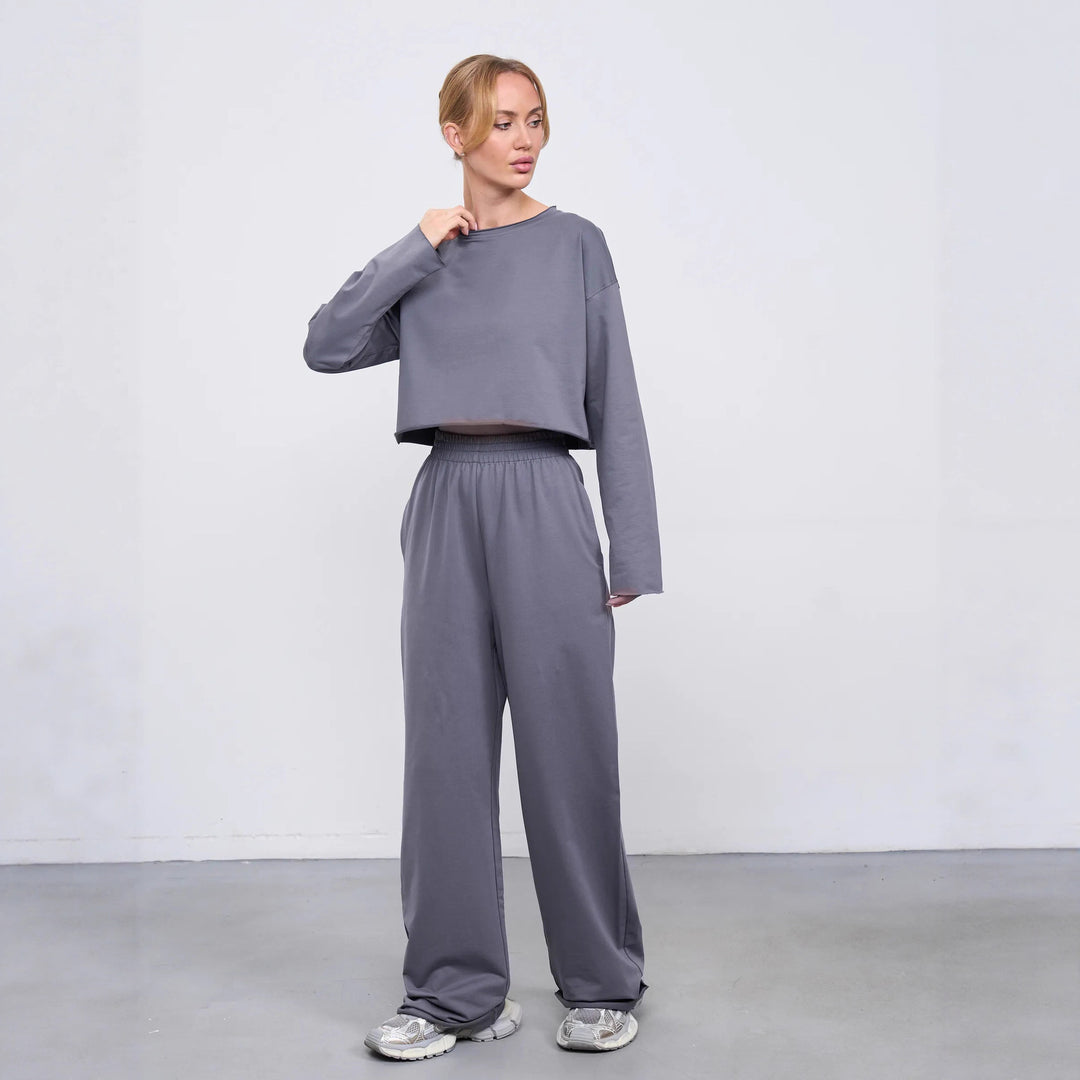 Damen Kurzgeschnittenes Sweatshirt und High-Waist Relax-Jogginghose Set – Avérine
