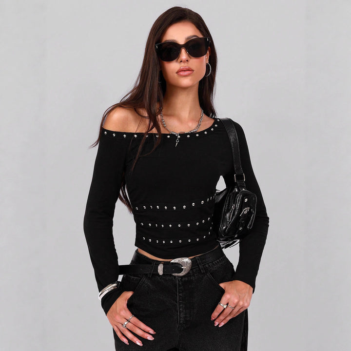 Damen nan asymmetrisches schulterfreies Langarmshirt mit Nietenbesatz und tailliertem Schnitt Echo Archiv