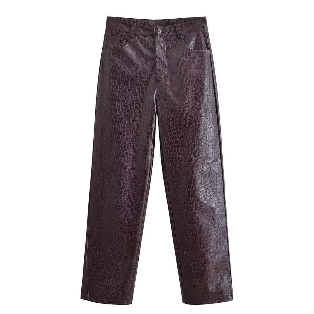 Damen nan gerade geschnittene Kunstlederhose mit Krokoprägung und hoher Taille Echo Archiv