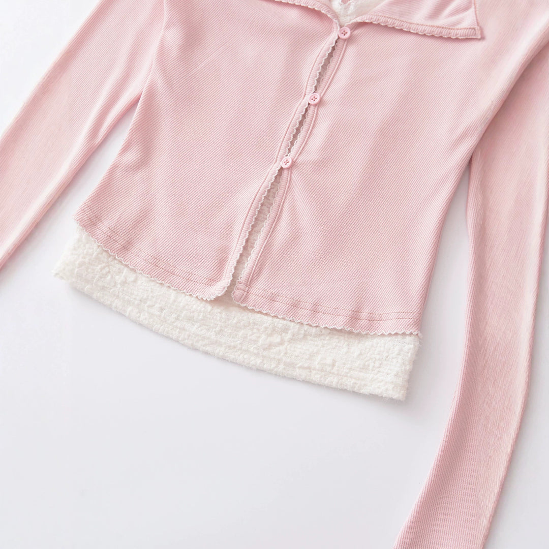 Damen Taillierter Buttoncardigan mit Spitzenbesatz und ausgestellten Ärmeln Echoarchiv