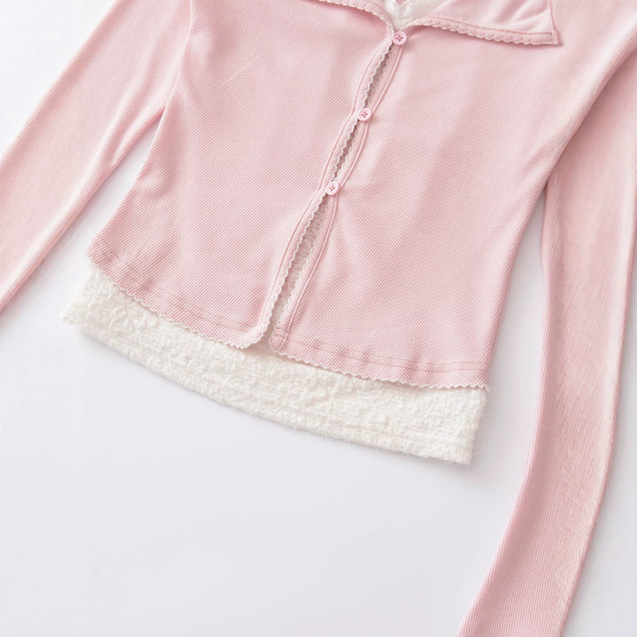 Damen Taillierter Buttoncardigan mit Spitzenbesatz und ausgestellten Ärmeln Echoarchiv