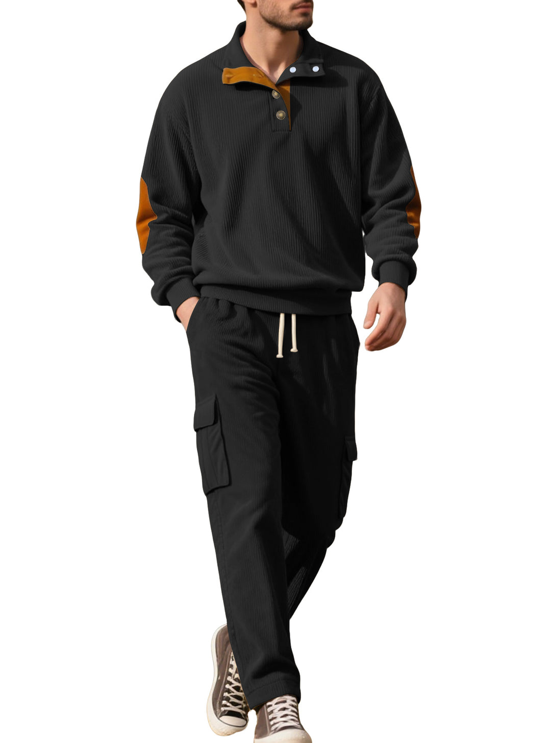 Herren nan strukturierter Troyer-Pullover mit Stehkragen Druckknopfleiste und Velours-Ellenbogenpatch Echo Archiv