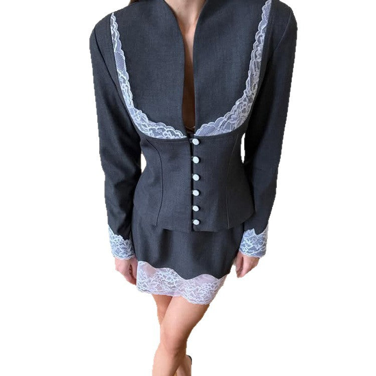 Damen Tailliertes Blazer- und Minirock-Set mit Spitzenbesatz Echoarchiv