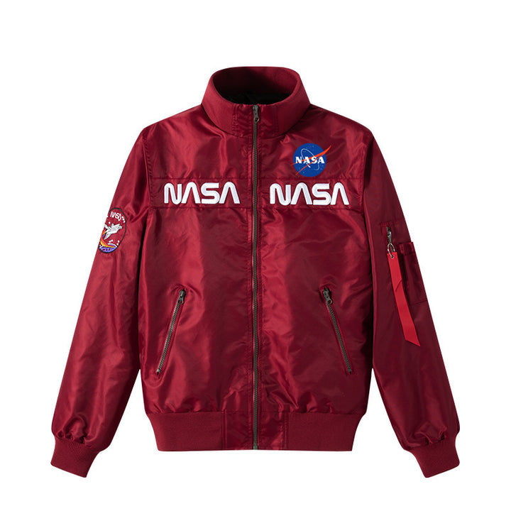 Men's retro space-logo nylon zip bomber with angled zip pockets and utility sleeve tab – Brevano