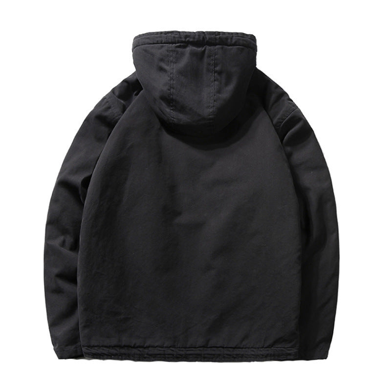 Herren Baumwoll-Canvas Kapuzenblouson mit durchgehendem Teddyfutter, verdeckter Knopf- und Reißverschlussleiste und Innentasche – Taviero