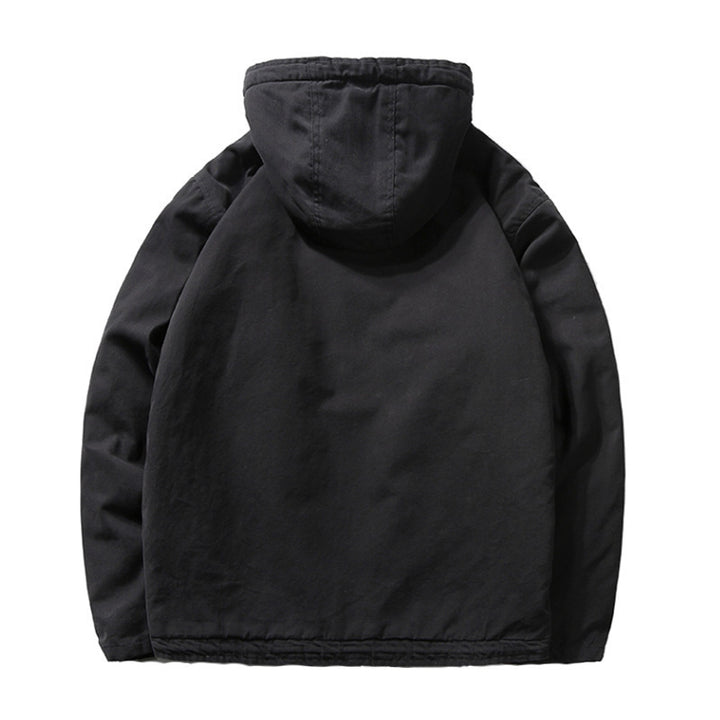 Herren Baumwoll-Canvas Kapuzenblouson mit durchgehendem Teddyfutter, verdeckter Knopf- und Reißverschlussleiste und Innentasche – Taviero