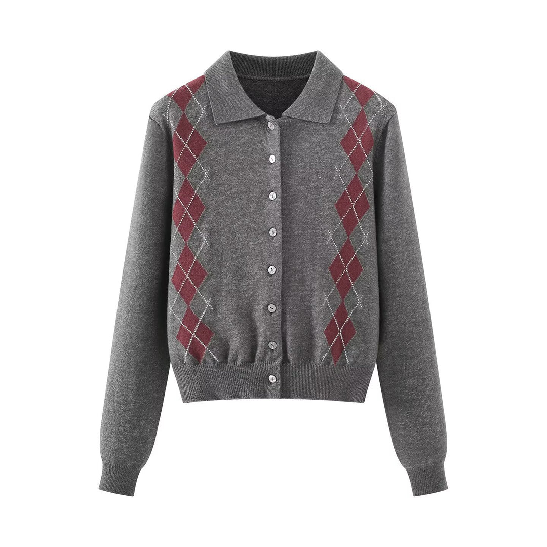 Damen Feinstrick-Cardigan mit Argyle‑Muster, Polokragen und tailliertem Cropped‑Schnitt Echoarchiv