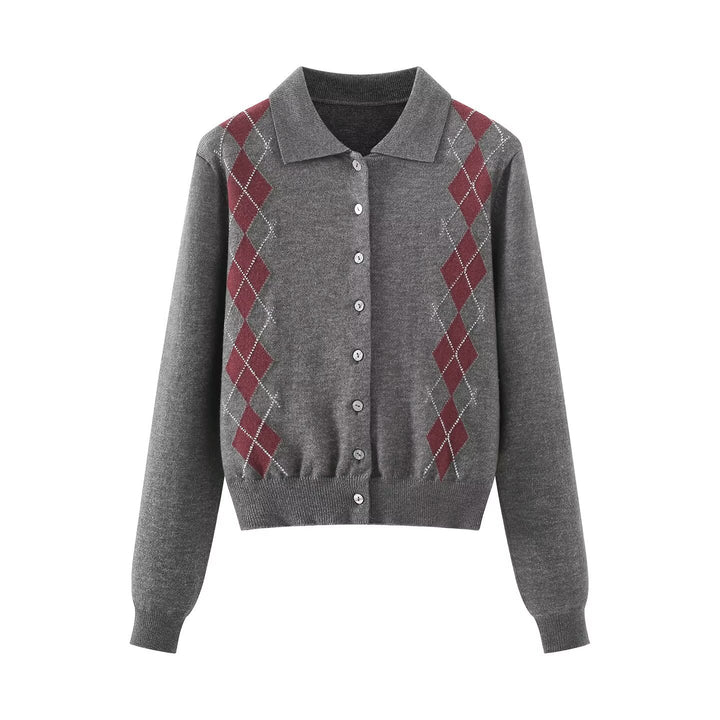 Damen Feinstrick-Cardigan mit Argyle‑Muster, Polokragen und tailliertem Cropped‑Schnitt Echoarchiv