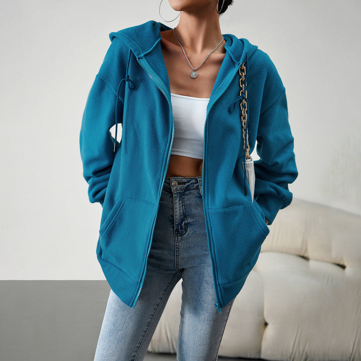 Damen kuscheliger Teddy-Fleece Zip-Hoodie mit Kapuze, tiefer Schulterpassform und Kängurutaschen – Auréline
