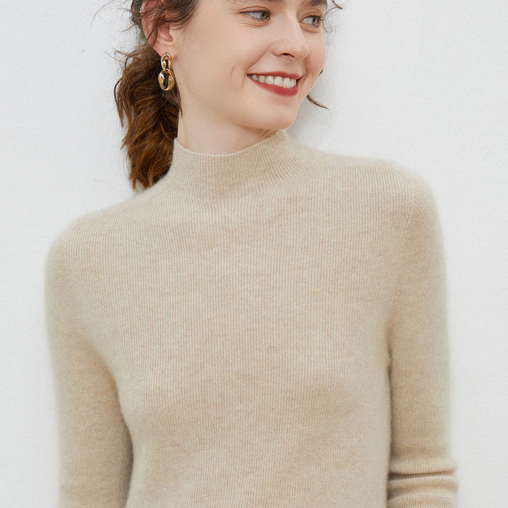 Damen Leichter taillierter Mockneck-Pullover in kaschmirähnlicher Mohair-Optik mit feiner Rippenstruktur Echoarchiv