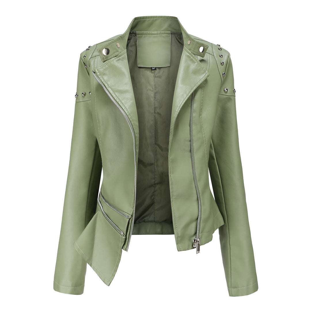 Damen nan asymmetrische Kunstleder-Bikerjacke mit Nietenapplikation und tailliertem Schößchen Echo Archiv