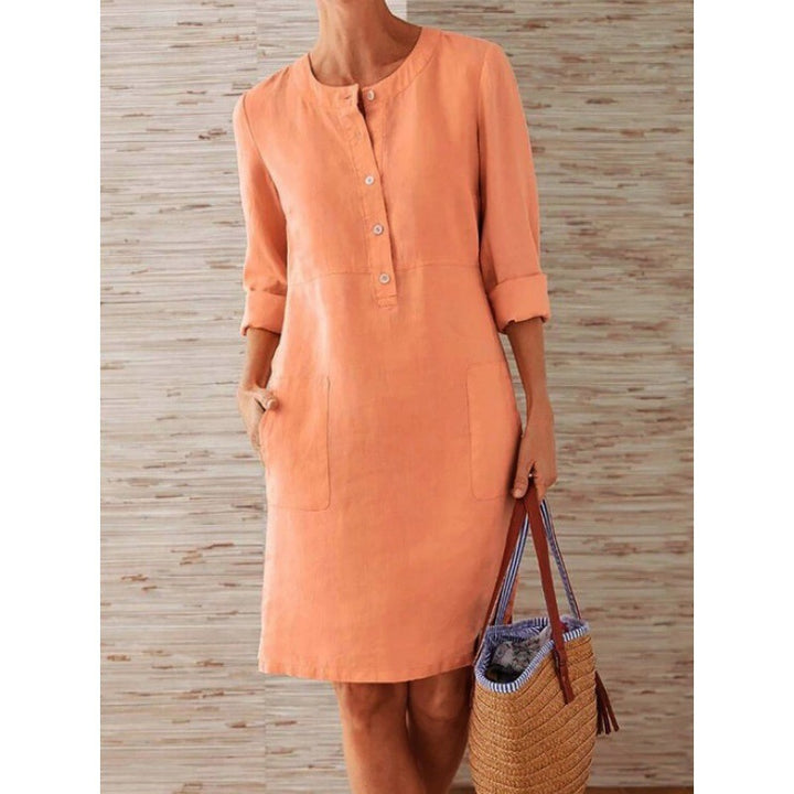 Damen Locker geschnittenes Leinenoptik-Kleid mit dreiviertel-Ärmeln, Knopfleiste und Eingrifftaschen Echo Archiv