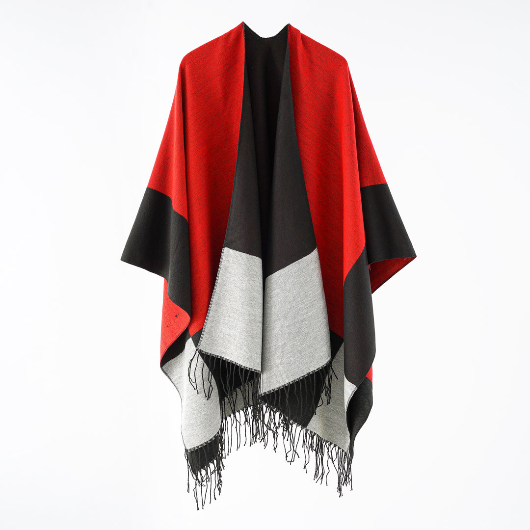 Damen eleganter Wollmix-Capeponcho mit grafischem Blockmuster und Fransen – Avérine