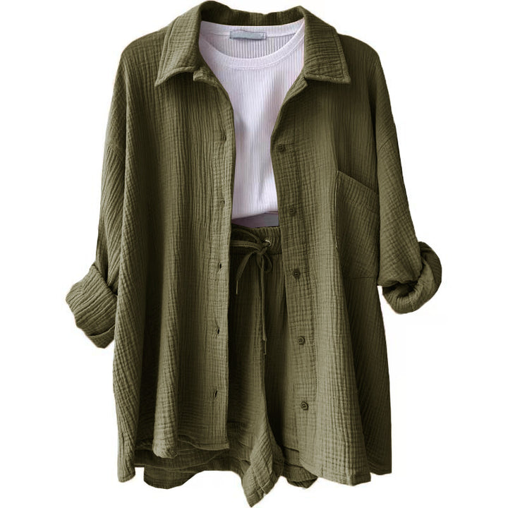 Damen nan lässiges oversized Hemd und Shorts Set mit Brusttasche Kordelbund und gerauter Baumwollstruktur Echo Archiv