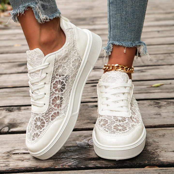 Damen zarte Spitzen-Plateau-Sneaker mit floralem Häkelmuster Echoarchiv