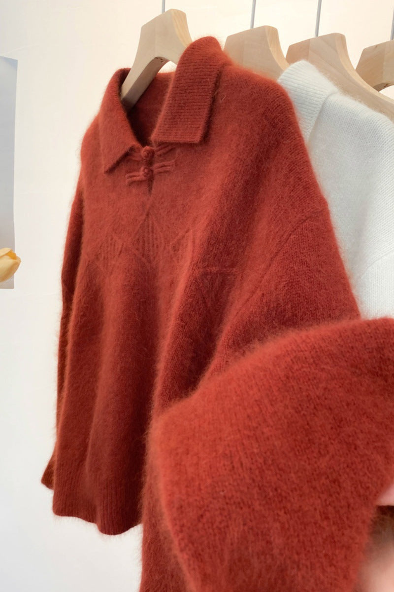 Damen Polokragen-Pullover im Mohair‑Look mit Ajour‑Zopfmuster, überschnittener Schulter und weiter Silhouette Echoarchiv