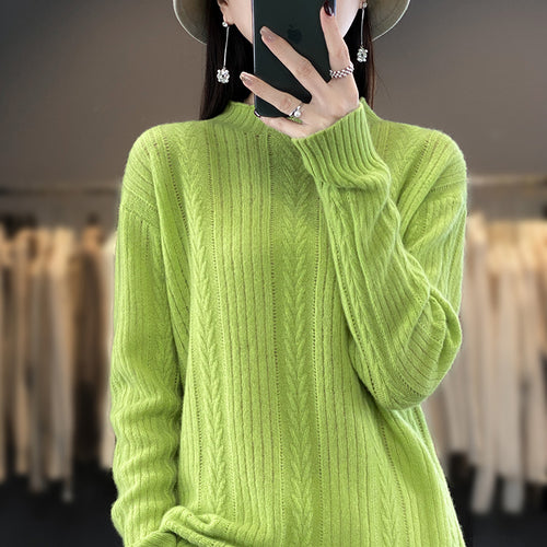 Damen Kaschmirähnlicher Feinstrick-Mockneckpullover mit Ajour‑Zopfmuster und lässiger Oversize‑Passform Echoarchiv