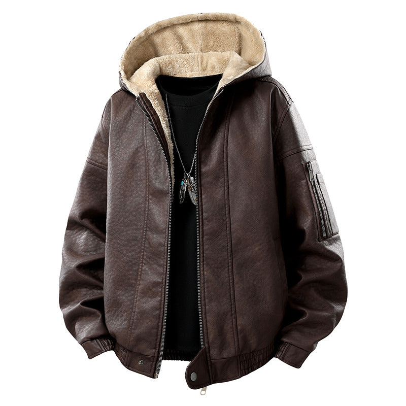 Herren Kunstleder-Bomberjacke mit Teddyfutter, Kapuze und Utility-Ärmeltasche Echo Archiv