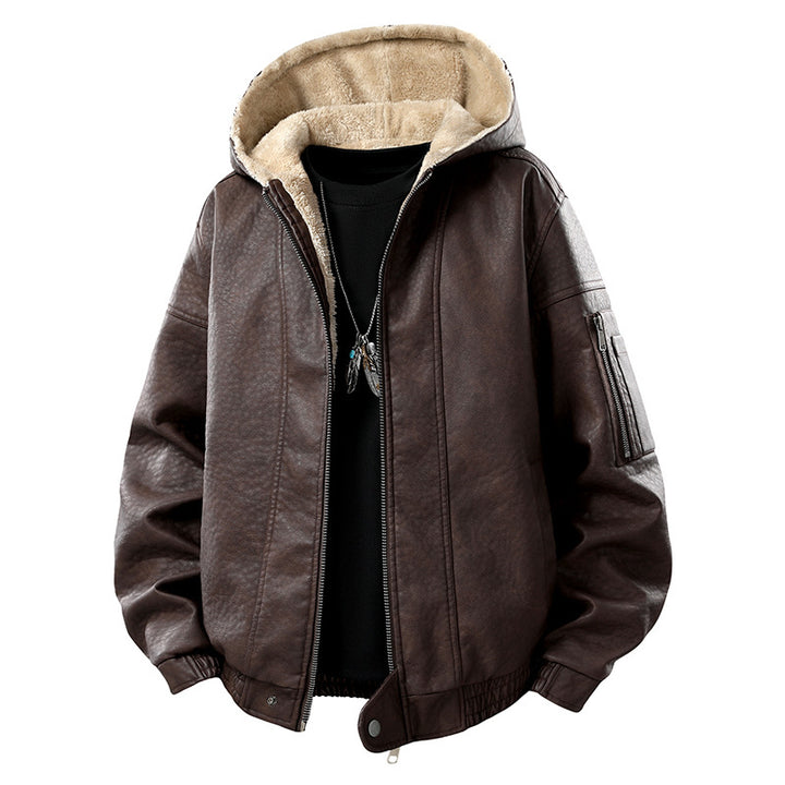 Herren Kunstleder-Bomberjacke mit Teddyfutter, Kapuze und Utility-Ärmeltasche Echo Archiv