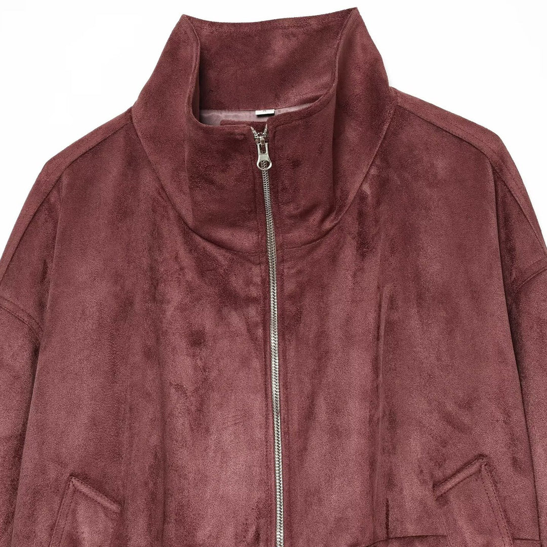 Damen Kurzjacke im Bomberstil aus Veloursleder-Optik mit hohem Stehkragen und Kängurutaschen Echoarchiv