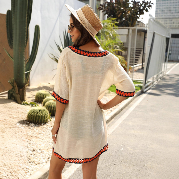 Damen luftiger Kaftan mit buntem Häkelbesatz Echo Archiv