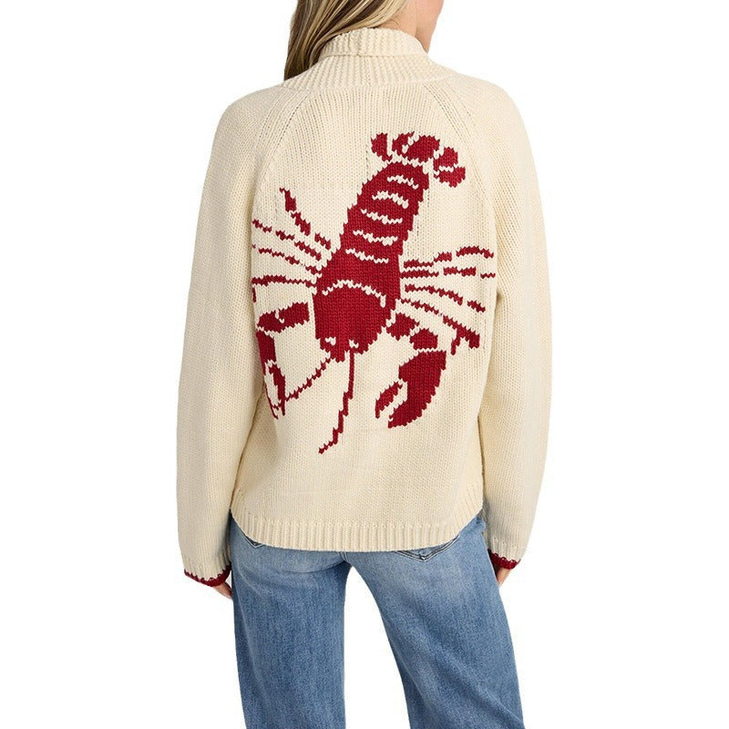 Damen Grobstrick Rollkragenpullover mit Hummer-Intarsie und lässiger Oversize-Passform Echoarchiv
