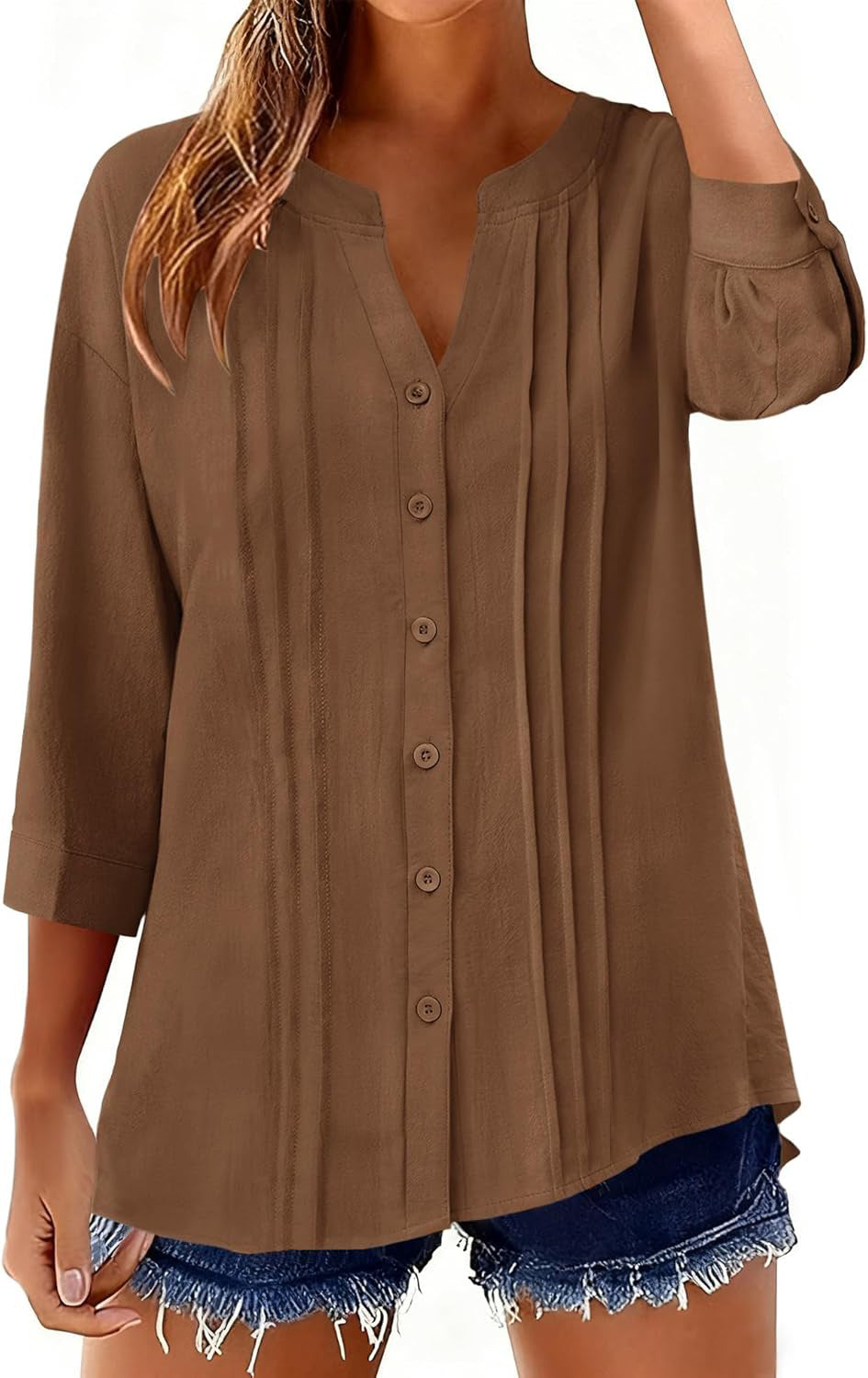 Damen Lockeres Tunikashirt mit Kellerfalten und dreiviertel Ärmeln Echo Archiv