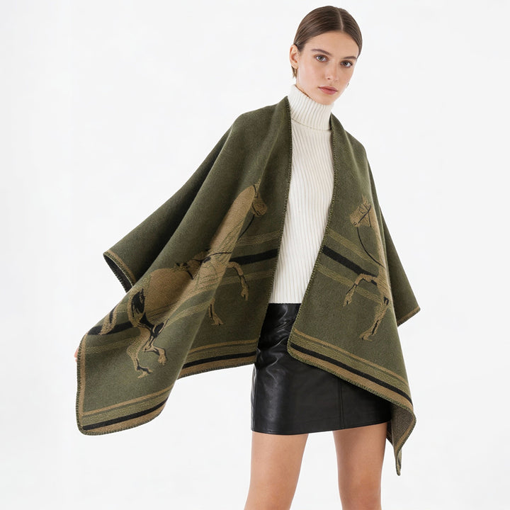 Damen Poncho-Cape aus Wollmix mit gewebtem Pferde-Jacquard und kontrastkettelung – Avérine