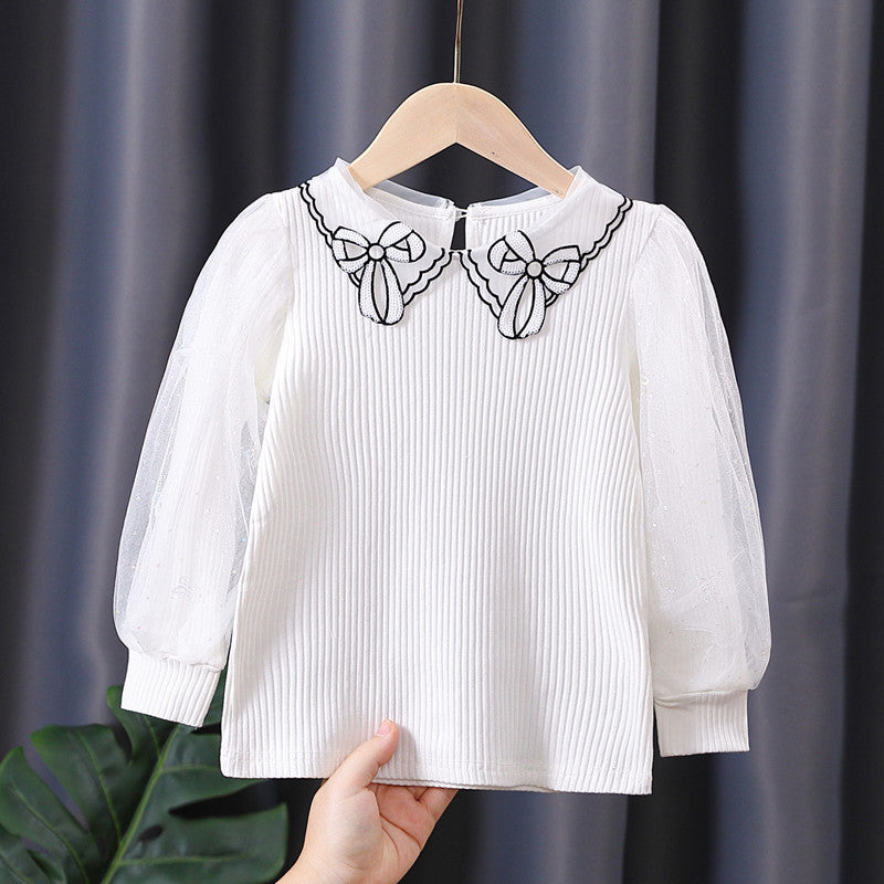 Mädchen Bluse mit transparenter Puffärmel und besticktem Kragen Echo Archiv