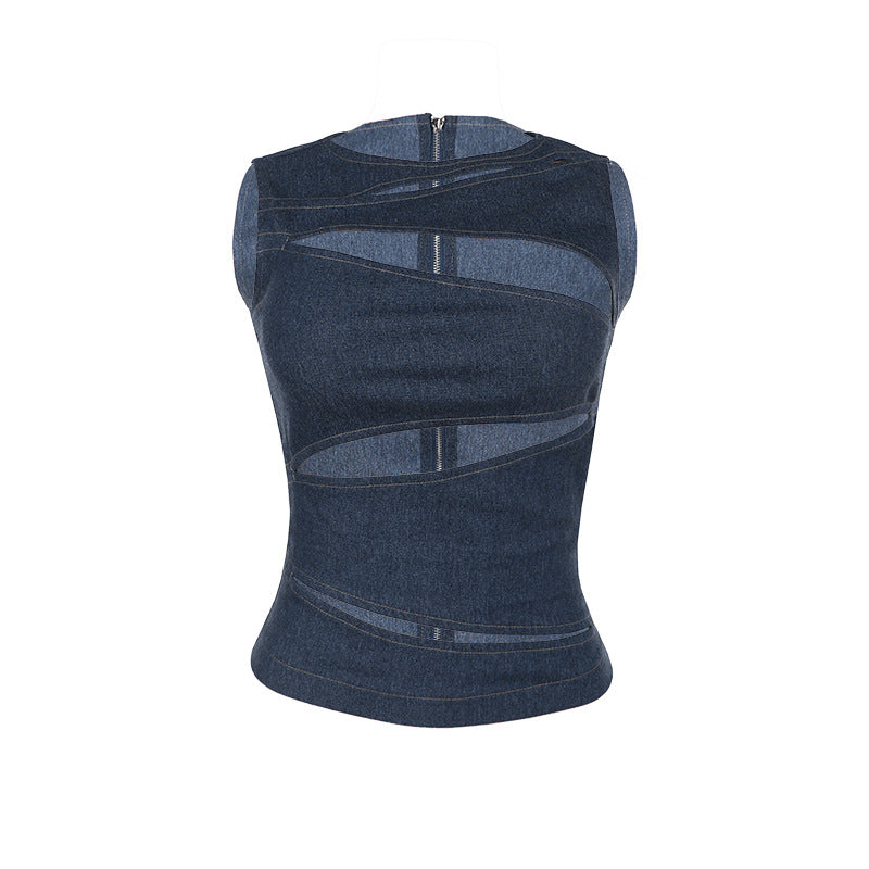 Damen figurbetontes Denim-Top mit asymmetrischen Cut-Outs und stylischem Design Echo Archiv